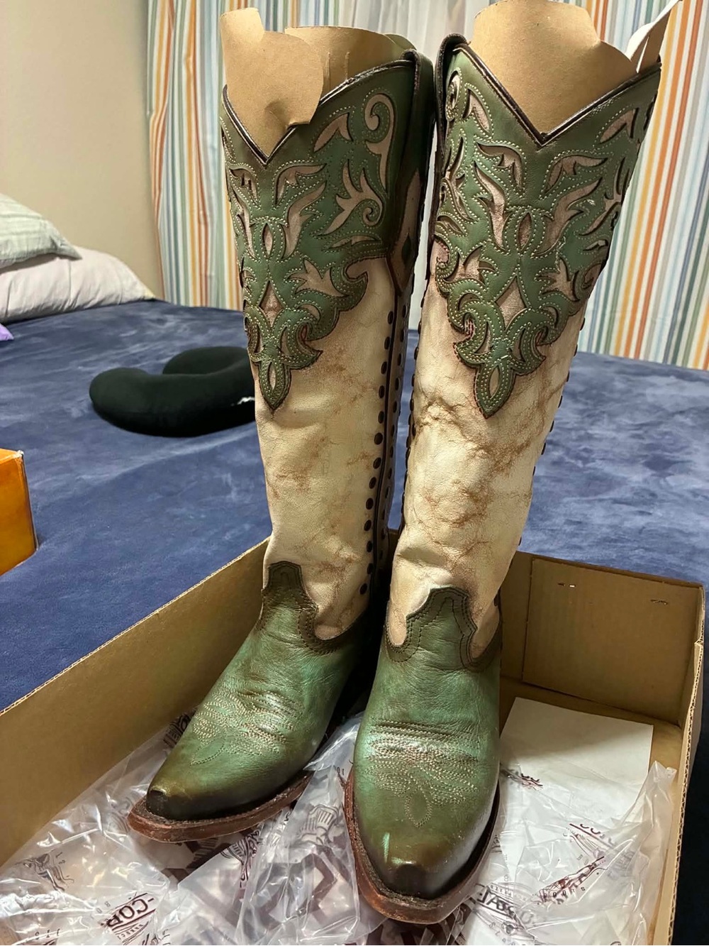 Green and Cream Embossed Tall Western Heeled Boots